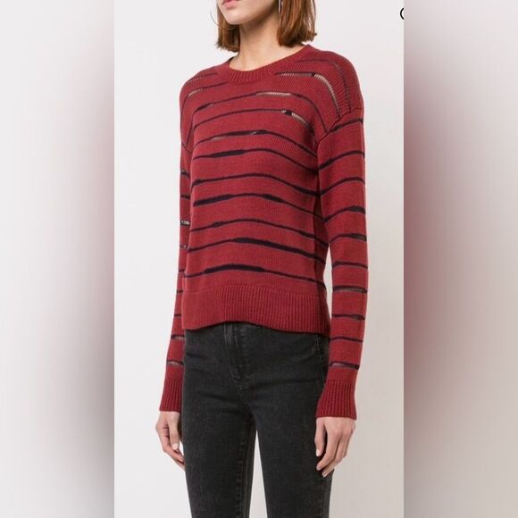Rag & Bone Women’s Size Medium Red Blue Striped Penn Burgundy Crewneck Sweater - Picture 7 of 14